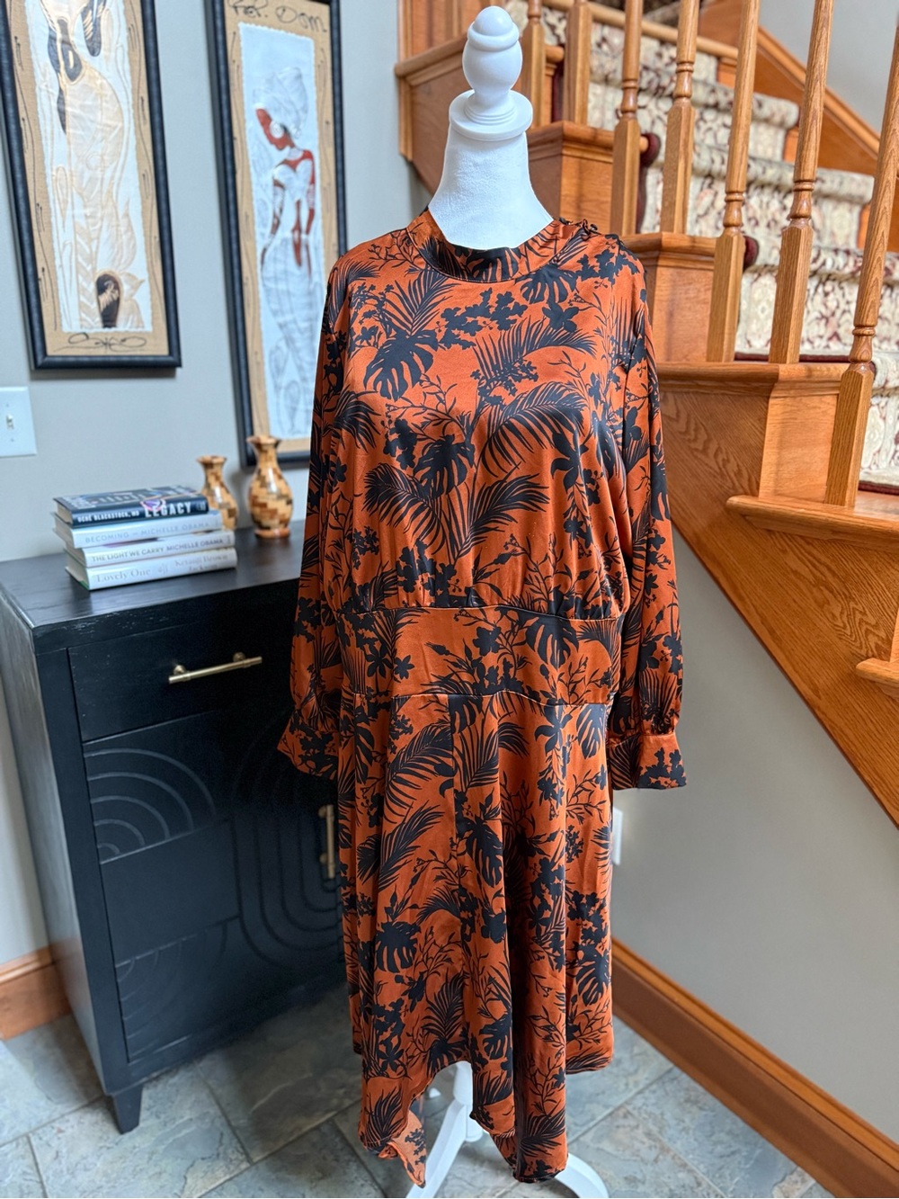 Rust Black Tropical-Print Long Sleeve Midi Dress